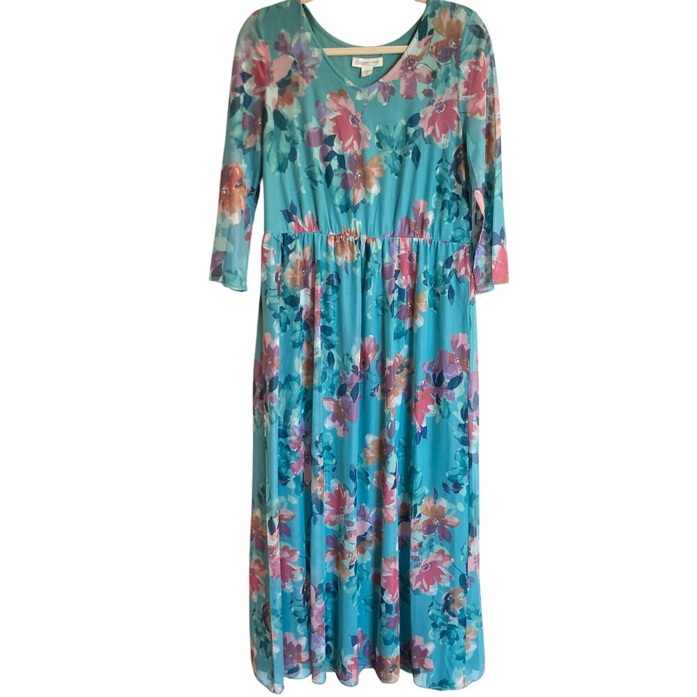 Coldwater Creek Teal Blue Floral Mesh Maxi Dress Womens S Wedding Guest Modest